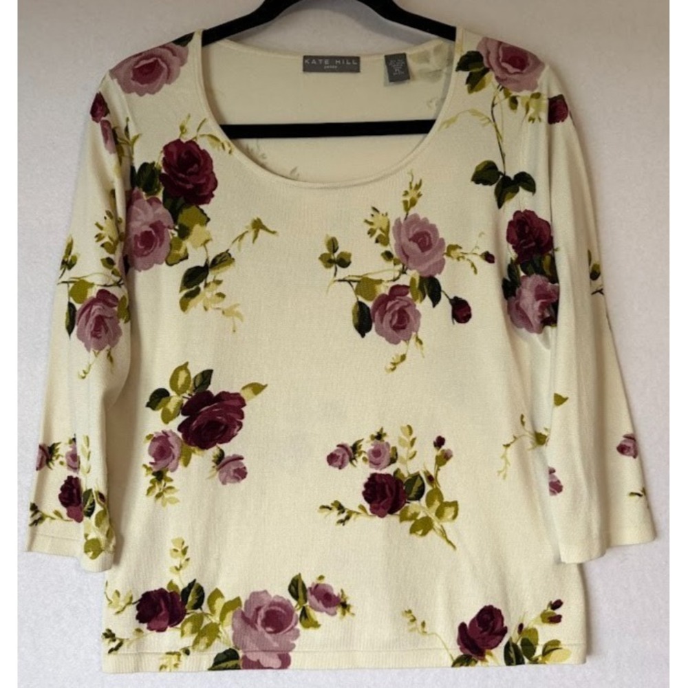 Kate Hill Top‎ Women Petite Large Ivory Floral Scoop Neck 3/4 Sleeve Lightweight